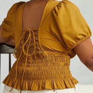 Anthropologie Smocked Lace-Up Blouse in Gold - 2X